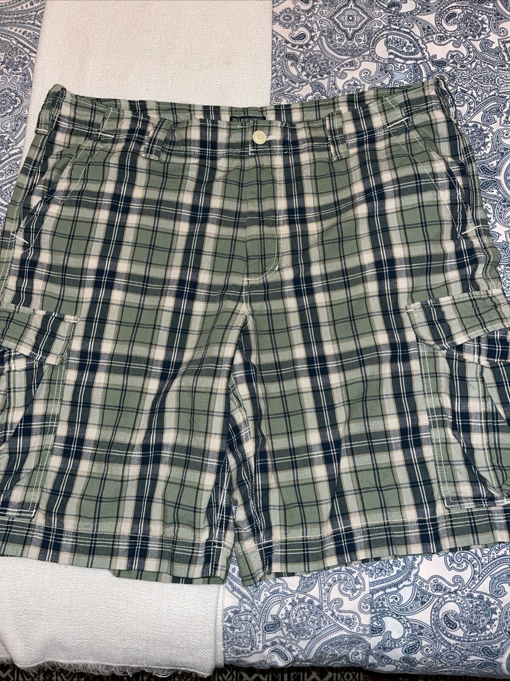 Ralph Lauren Shorts Mens 42 Green Blue Plaid Cargo Cotton Polo Jeans Co. Preppy - Picture 2 of 5